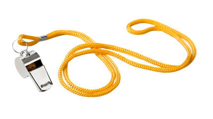 Silver metal referee whistle with bright yellow lanyard used for sports coaching, safety alerts and training instructions, isolated on transparent background, PNG.
