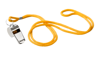 Silver metal referee whistle with bright yellow lanyard used for sports coaching, safety alerts and training instructions, isolated on transparent background, PNG.