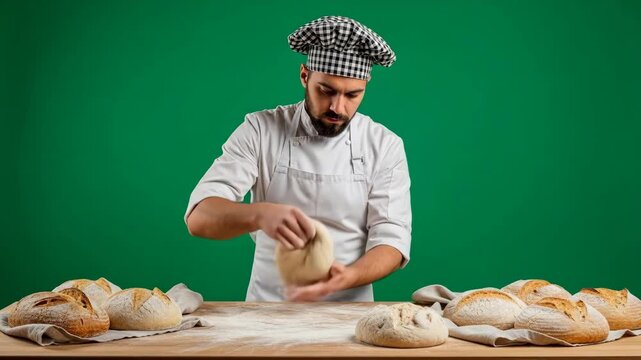 Baker preparing dough in front of green screen