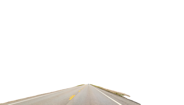 Highway perspective, centered view, asphalt road leading towards the horizon, framed by grass
