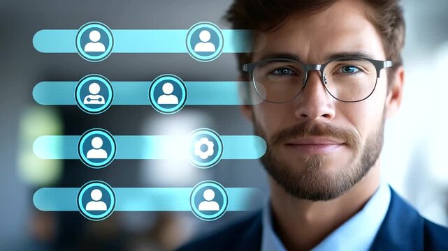 Skill development concept crop below eyes background softly defocused capability building professional training competence education businessman with virtual training icons