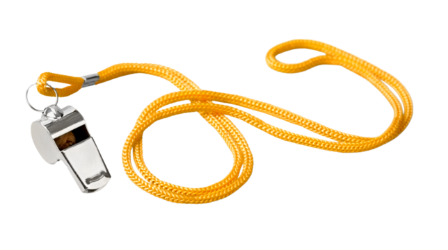 Silver metal referee whistle with bright yellow lanyard used for sports coaching, safety alerts and training instructions, isolated on transparent background, PNG. - Powered by Adobe