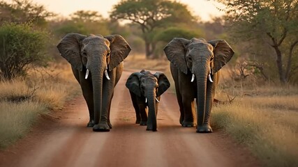 Three Elephants Walking on a Dirt Road in African Savanna at Sunset.