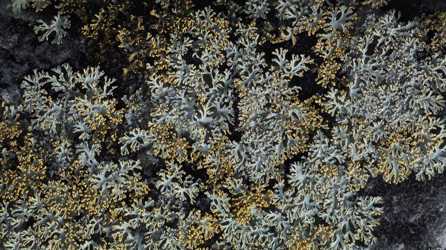 Close-up view of pale gray and yellow lichens growing on dark rock surface in natural environment