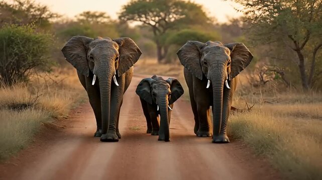 Three Elephants Walking on a Dirt Road in African Savanna at Sunset.