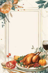 Naklejka premium Autumn holiday dinner invitation template with roasted turkey in decorative geometric frame