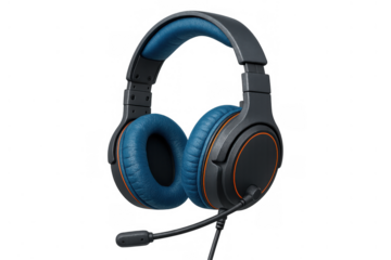Gaming headset with a boom microphone, featuring blue earcups and a padded headband, ideal for communication and immersive sound