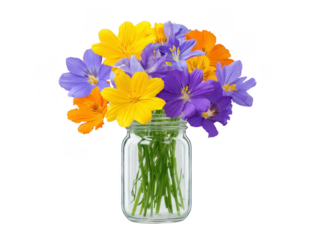 Yellow flower purple flower orange flower glass jar bouquet green stem transparent isolated decorative arrangement. vibrant bouquet of yellow purple and orange flowers with green stems arranged
