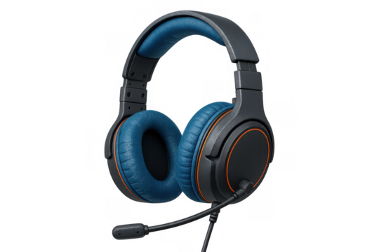 Gaming headset with a boom microphone, featuring blue earcups and a padded headband, ideal for communication and immersive sound - Powered by Adobe