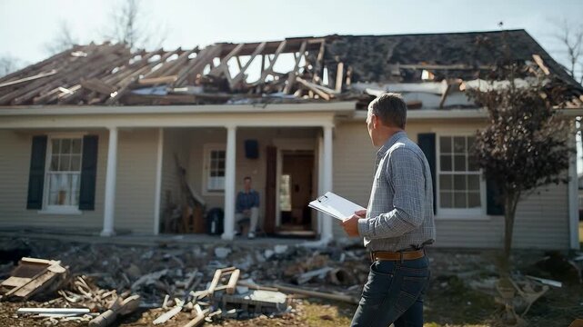 Insurance Agent Holding Clipboard Assessing Damaged House After Storm Disaster