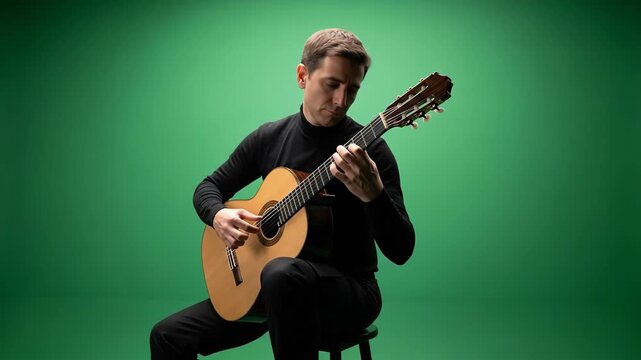 Vantage shot of man playing acoustic guitar in front of green screen