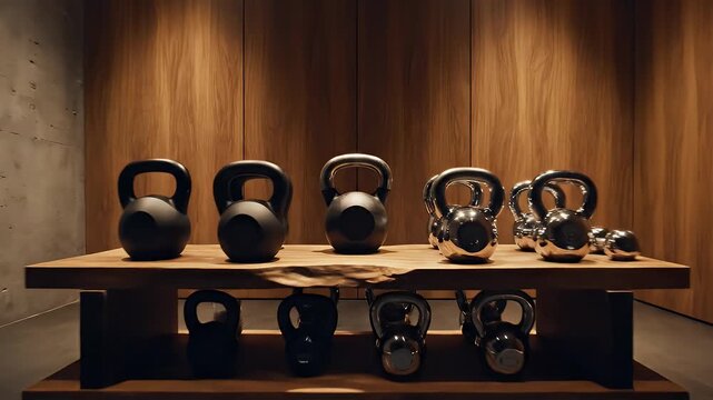 Gym Equipment Displayed On Wooden Rack with Dark Gray Kettlebells Against Wood Panel Background