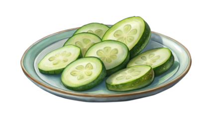 A plate full of fresh sliced cucumbers in an artistic digital painting