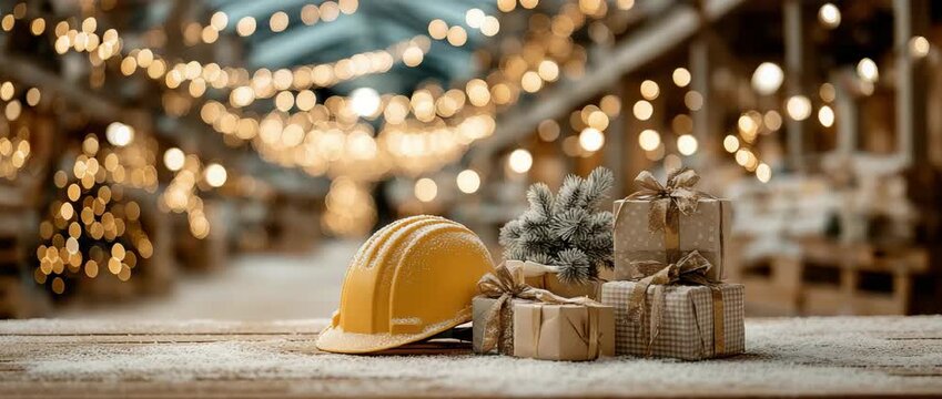 Warm bokeh lights and a cheerful atmosphere create a festive new year construction scenario with a yellow hard helmet next to holiday decorations and wrapped present boxes on a snowy office table.