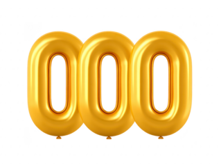 Golden number zero balloon, shiny metallic party decoration, isolated on transparent background, festive celebration concept, cheerful and eye catching for birthday or anniversary event