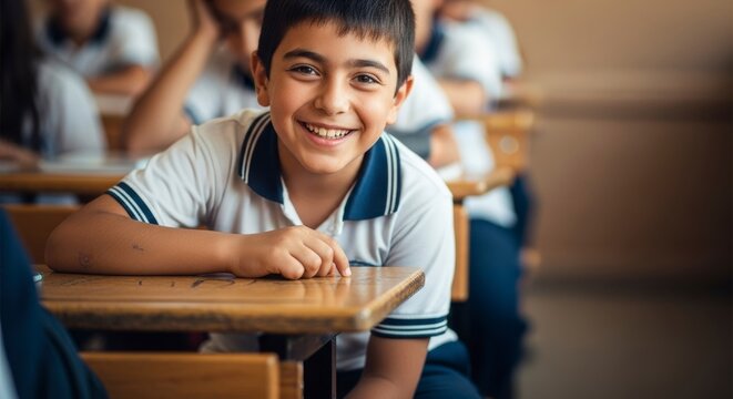 Smiling Student at School: A young, beaming student sits at their desk in a classroom setting, radiating joy, as they engage in a day of learning. Capturing the innocence and excitement of education. - Powered by Adobe
