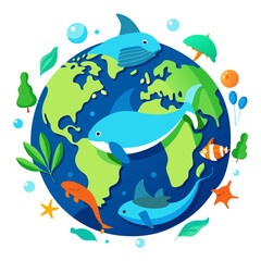 Cute cartoon planet earth with marine life and nature elements isolated on transparent background