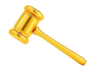 Golden gavel isolated on transparency background, symbolizing justice, authority, and legal decision making, often used in courtrooms or auctions, shiny and reflective, elegant and prestigious