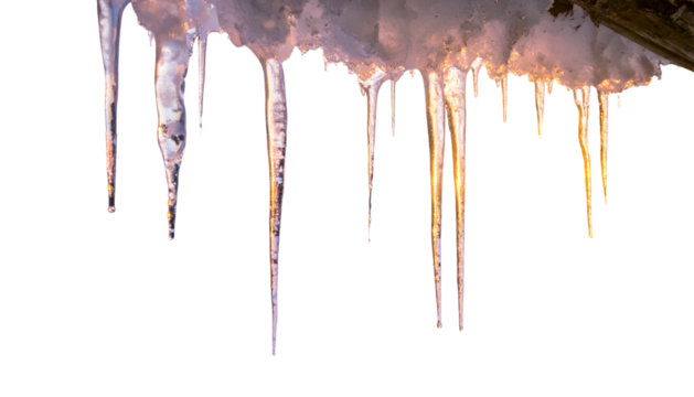 Close-up of icicles hanging from a structure, illuminated with a warm, golden glow