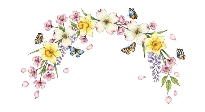 Watercolor floral arrangement featuring daffodils dogwood blossoms and butterflies in pastel colors