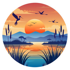 Serene sunset over a tranquil lake with birds flying isolated on transparent background