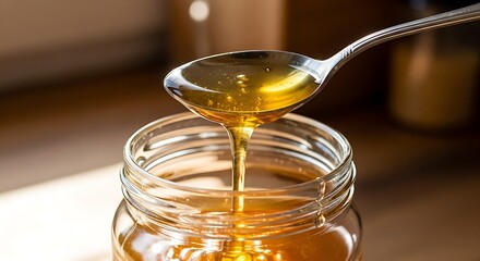 Golden honey dripping from metal spoon into glass jar in warm kitchen light, sweet natural food macro photography.
