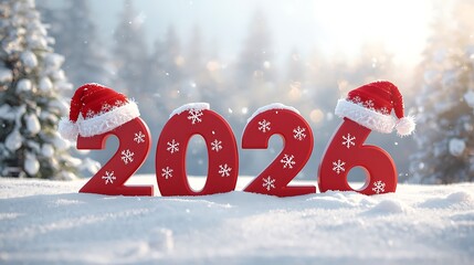 The year 2026 with santa hats in a snowy landscape