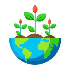 Three growing plants on the earth isolated on transparent background