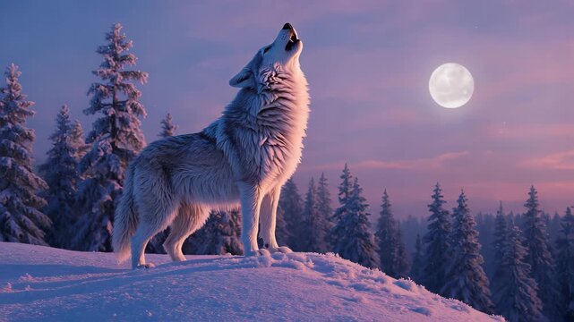 White wolf howling at the full moon, snowy forest background, twilight sky in shades of purple and pink, winter landscape