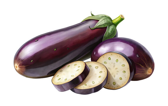 Still life painting of fresh eggplants with sliced pieces on black background
