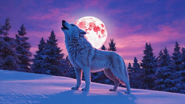 White wolf howling at the full moon, snowy forest background, twilight sky in shades of purple and pink, winter landscape