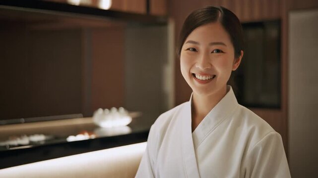 Young asian woman in a white uniform smiling brightly at the camera in a modern restaurant or hotel setting