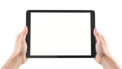 Man's hands holding a vertical tablet with a blank white screen for mockup. Isolated on transparent background, png