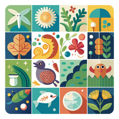 Collection of stylized nature and animal icons isolated on transparent background