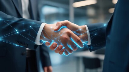 Digital business handshake with glowing network overlay in modern office setting - Powered by Adobe