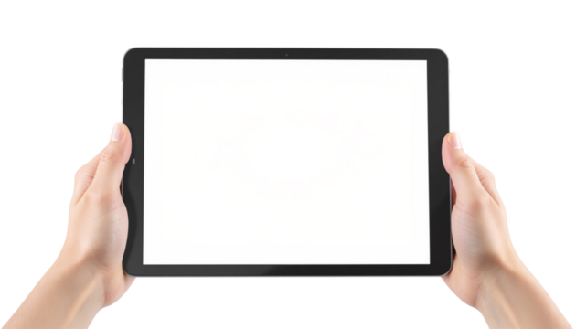 Man's hands holding a vertical tablet with a blank white screen for mockup. Isolated on transparent background, png