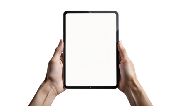 Hands holding a vertical tablet with a blank white screen for mockup. Isolated on transparent background