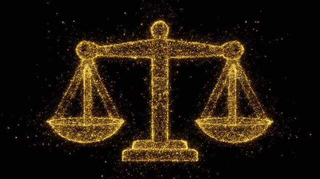 Golden sparkling scales of justice on dark background, symbolizing law, balance, and fairness