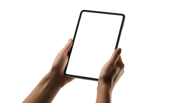 Hands holding a vertical tablet with a blank white screen for mockup. Isolated on transparent background