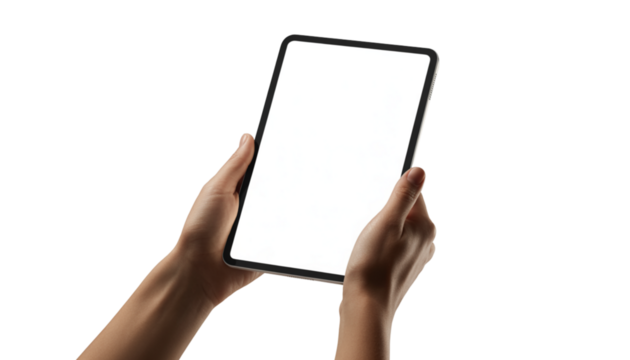 Hands holding a vertical tablet with a blank white screen for mockup. Isolated on transparent background