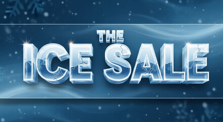 Icy letters spelling "The Ice Sale" on a blue background with snowflakes, representing winter promotion, cool discounts and seasonal business offer