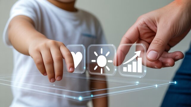 Child and adult explore futuristic holographic technology for smart education in a modern home setting