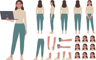 Female character creator with laptop and coffee cup, office woman animation poses, professional business avatar, vector illustration set