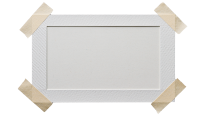 Blank white instant photo frame in Polaroid style with textured borders and beige masking tape, isolated on a transparent seamless background with ample copy space and no shadows, concept for vintage