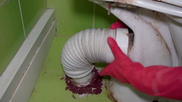 a plumber repairs toilet, locksmith removes clogged toilet corrugation, water does not drain from toilet, clogged sewer pipes