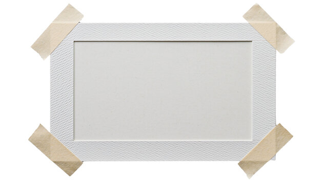 Blank white instant photo frame in Polaroid style with textured borders and beige masking tape, isolated on a transparent seamless background with ample copy space and no shadows, concept for vintage