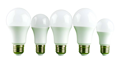 Five white LED light bulbs arranged in a row against a black background