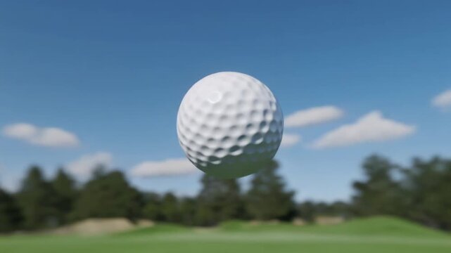 Golf ball soaring high in a vibrant blue sky above a green golf course on a sunny day