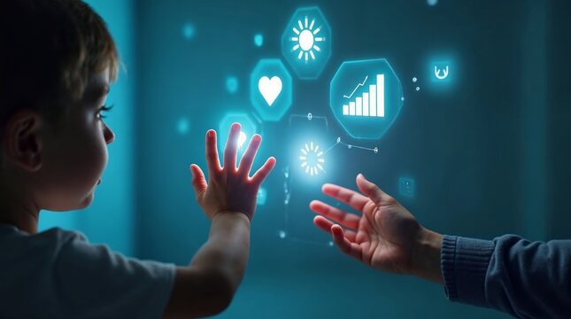 Child and adult exploring futuristic holographic interfaces together in a modern home setting - Powered by Adobe