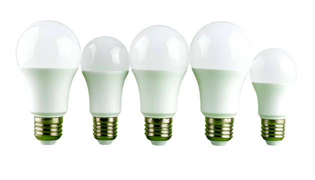 Five white LED light bulbs arranged in a row against a black background